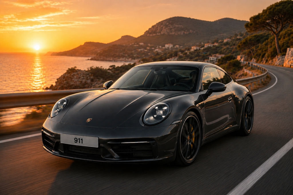 Porsche 911 en carretera junto al mar al atardecer